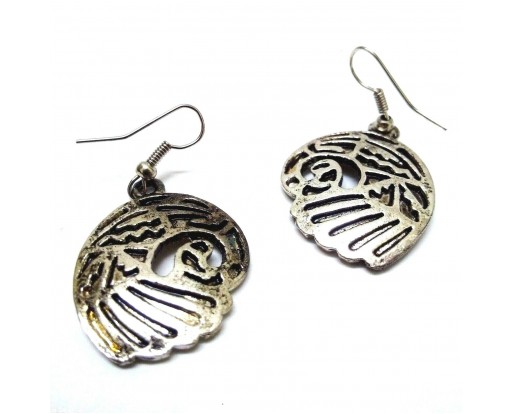 THE HELMET Silver Oxidized Earring - Hook Dangle Drop Long - East Indian Tribal